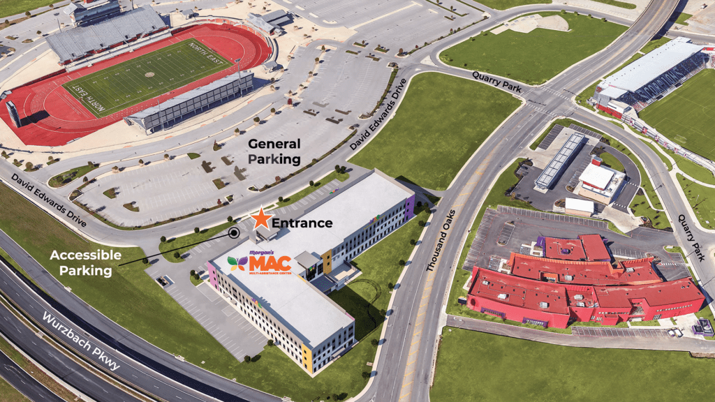 Aerial view of Morgan's MAC and its parking lots.